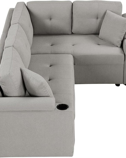 Boucle Upholstered Reversible Sleeper Sectional Sofa with Pull Out Bed , 3 Seater L Shaped Convertible Corner Couch with Cupholders&USB Ports, Power Sockets, Small Pullout Sofabed for Living Room - LeafyLoom