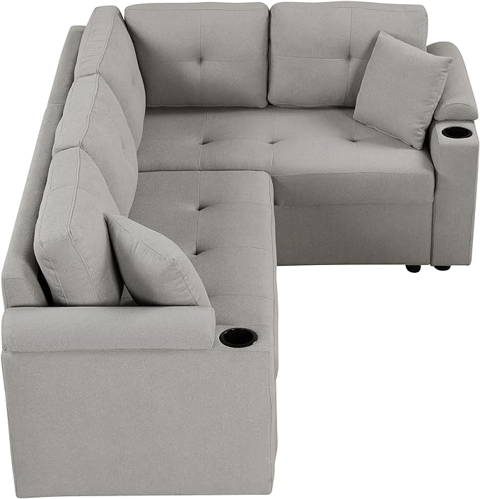 Boucle Upholstered Reversible Sleeper Sectional Sofa with Pull Out Bed , 3 Seater L Shaped Convertible Corner Couch with Cupholders&USB Ports, Power Sockets, Small Pullout Sofabed for Living Room - LeafyLoom