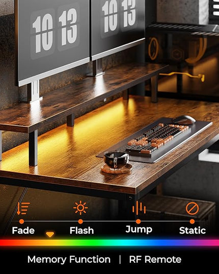 Reversible L Shaped Computer Desk with Drawers, Gaming Desk with LED Lights and Power Outlets, Office Desk with Storage, Corner Desk with Monitor Stand, for Home & Office, Rustic Brown - LeafyLoom