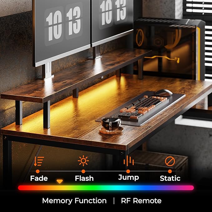 Reversible L Shaped Computer Desk with Drawers, Gaming Desk with LED Lights and Power Outlets, Office Desk with Storage, Corner Desk with Monitor Stand, for Home & Office, Rustic Brown - LeafyLoom