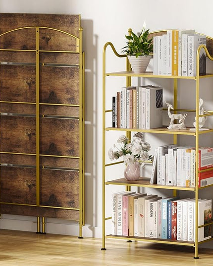 Folding Bookshelf No Assembly, 4 Shelf Gold Folding Bookcase with Sturdy Metal Frame, Vintage Open Standing Collapsible Shelves for Bedroom, Living Room, Home Office Organization - LeafyLoom