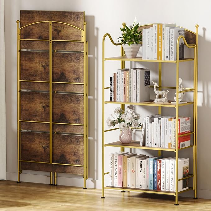 Folding Bookshelf No Assembly, 4 Shelf Gold Folding Bookcase with Sturdy Metal Frame, Vintage Open Standing Collapsible Shelves for Bedroom, Living Room, Home Office Organization - LeafyLoom