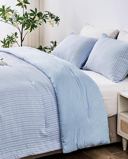 ENCOFT Light Blue Comforters King Size, 3 Piece White and Blue Striped Comforter Set, Soft Microfiber Lightweight Boho Comforter Bedding Set for All Seasons, with 2 Pillowcases, 104x90 Inches - LeafyLoom