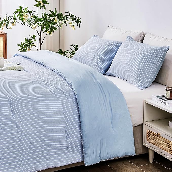 ENCOFT Light Blue Comforters King Size, 3 Piece White and Blue Striped Comforter Set, Soft Microfiber Lightweight Boho Comforter Bedding Set for All Seasons, with 2 Pillowcases, 104x90 Inches - LeafyLoom