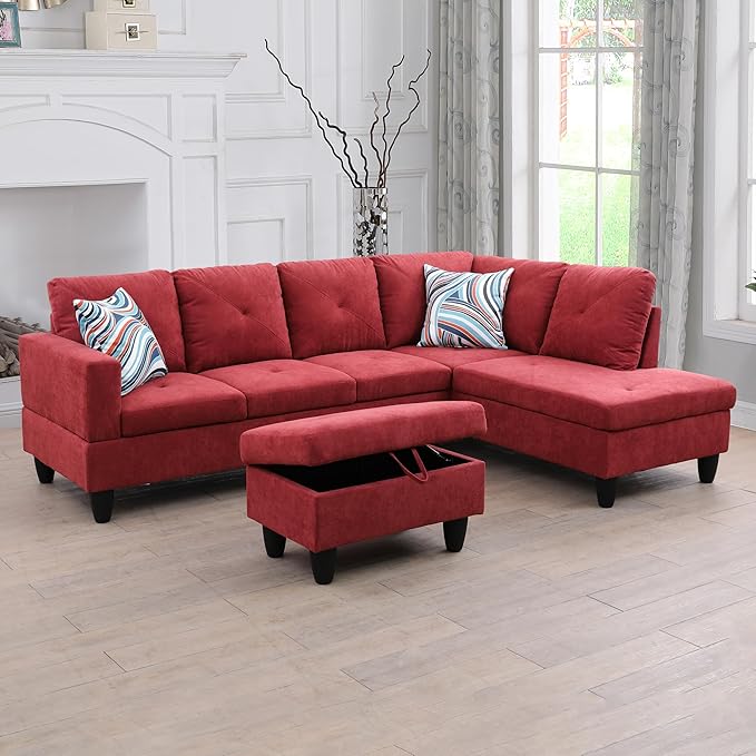 L-Shaped Sectional Couches with 66.5'' Chaise Lounge & Storage Ottoman Modular Room Sofas for Home Office Apartment, Large Living Furniture, 97'' Right Hand Facing, Red Flannelette - LeafyLoom
