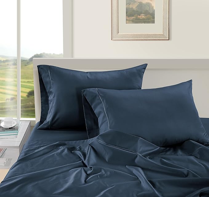 LANE LINEN 100% Egyptian Cotton Queen Sheet Set (4 Pc) - 1000 Thread Count - Sateen Weave – Luxury Hotel Bedding – Ultra Soft Queen Size Sheets Set – Bed Sheets with 16” Deep Pocket – Denim - LeafyLoom