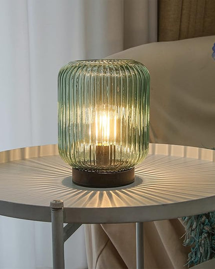 Battery Operated Lamp, Cordless Table Lamps for Home Decor, Battery Powered Nightlight with LED Bulb, Decorative Glass Beside Lamp for Bedroom Living Room-Green - LeafyLoom
