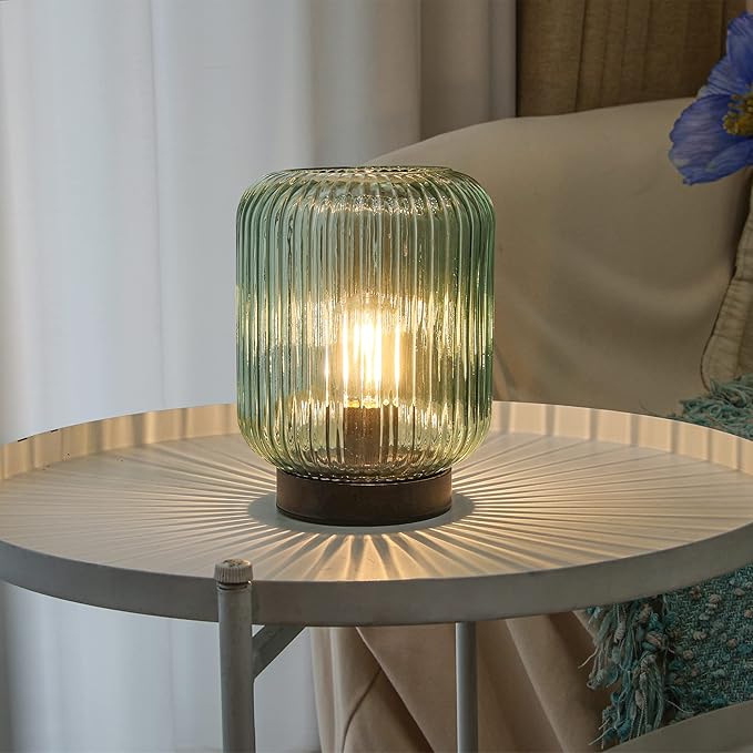 Battery Operated Lamp, Cordless Table Lamps for Home Decor, Battery Powered Nightlight with LED Bulb, Decorative Glass Beside Lamp for Bedroom Living Room-Green - LeafyLoom