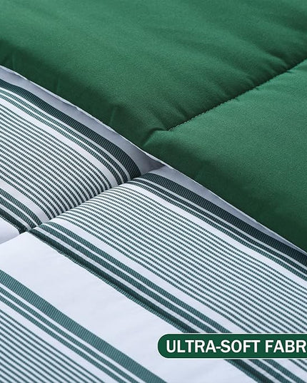 downluxe Queen Comforter Set(88"x92") 3-Piece,Stripes Green Reversible Comforter,2 Reversible Pillow Shams 20"x26",Microfiber Queen Comforter,Soft and Comfortable - LeafyLoom