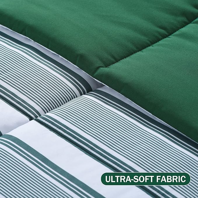 downluxe Queen Comforter Set(88"x92") 3-Piece,Stripes Green Reversible Comforter,2 Reversible Pillow Shams 20"x26",Microfiber Queen Comforter,Soft and Comfortable - LeafyLoom