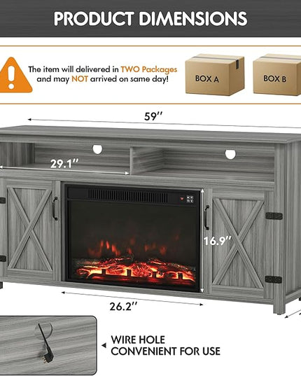 YESHOMY Fireplace TV Stand for Television up to 65+ Inch with Storage and Farmhouse Barn Doors, Entertainment Center with Cabinet and Shelves, Media Console for Living Room, Gray Wash - LeafyLoom