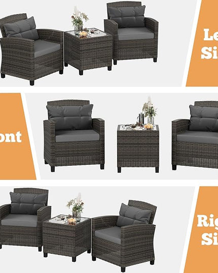 Shintenchi 3 Pieces Patio Furniture Set 3 Pieces PE Rattan Wicker Chairs with Table Outdoor Furniture for Backyard/Garden/Poolside/Outdoor Restaurant Gary Rattan with Gary Cushion - LeafyLoom