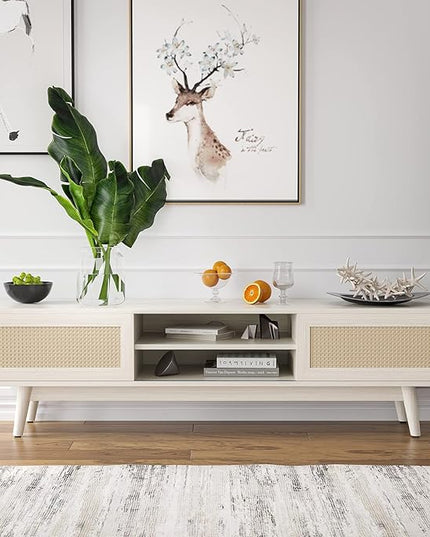 STARY 65''Mid Century Modern TV Stand,Boho Media Console Entertainment Center with Cable Management for Living Room, White - LeafyLoom