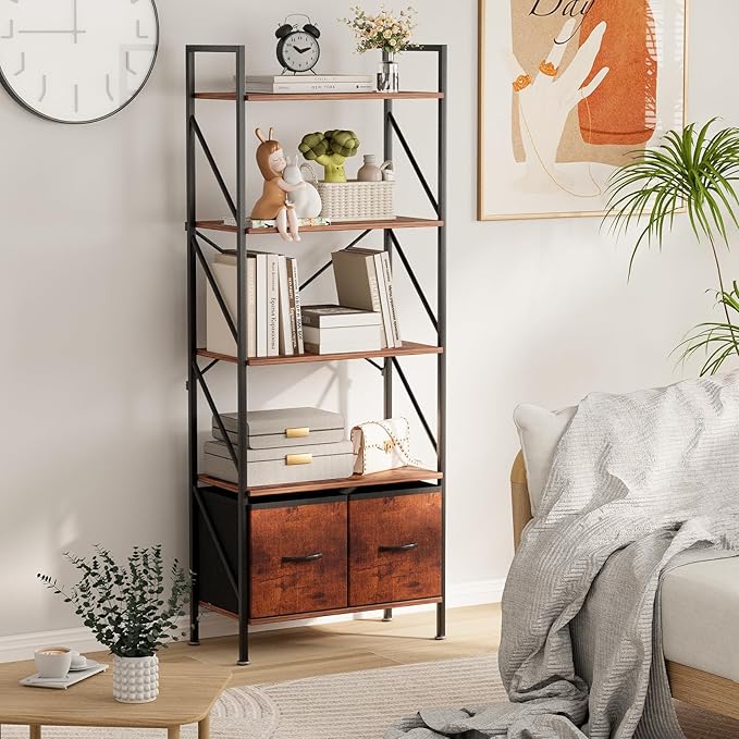 5 Tier Bookshelf Bookcase with 2 Drawer,Tall Book Shelf Display Standing Shelf Units,Wood Book Rack Shelves Storage Organizer for Bedroom Home Office Kitchen Living Room, 22.4 in(Rust Brown,2 Drawers) - LeafyLoom