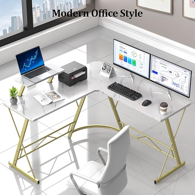 Mr IRONSTONE L Shaped Desk Computer Corner Desk, Home Gaming Desk, Office Writing Workstation with Large Monitor Stand, Easy to Assemble (White,51 Inch) - LeafyLoom