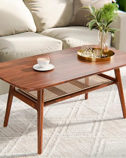 Bme Nancy Solid Acacia Wood Coffee Table for Living Room, Spacious Oval-Shaped 237 Lbs Top Capacity, Rattan Shelf below, Mid Century, Rustic and Modern Style Living Room Furniture, Dark Chocolate - LeafyLoom