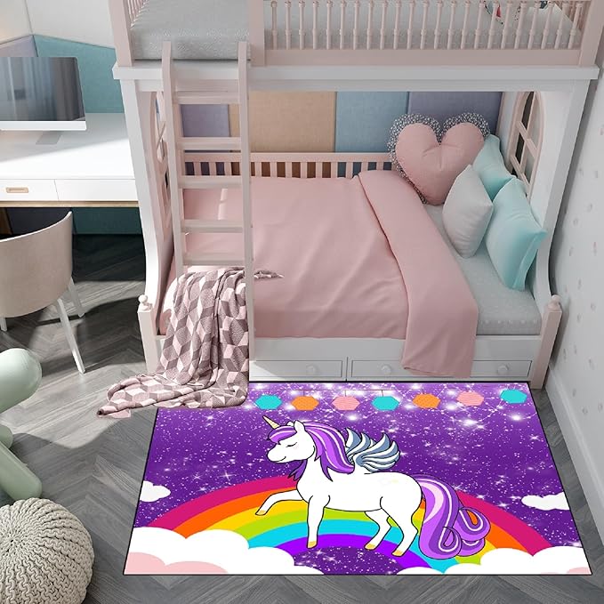 Unicorn Rugs for Girls Bedroom Cute Rainbow Unicorn Rugs for Girls Bedroom Floor Mat Pink Unicorn Rugs for Girls Bedroom, Purple, 2'6''×4' - LeafyLoom