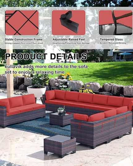 Kullavik 14PCS Outdoor Patio Furniture Set PE Wicker Rattan Sectional Sofa Patio Conversation Sets,Red - LeafyLoom
