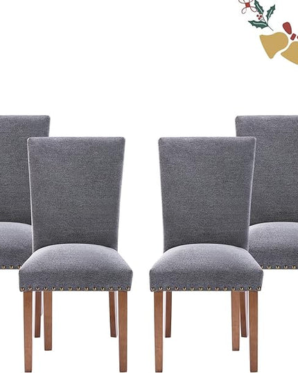 Parsons Dining Chairs Set of 4, Upholstered Nailhead Dining Room Kitchen Side Chair with Thick Cushions and Wood Legs, Dark Grey - LeafyLoom