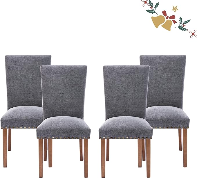 Parsons Dining Chairs Set of 4, Upholstered Nailhead Dining Room Kitchen Side Chair with Thick Cushions and Wood Legs, Dark Grey - LeafyLoom