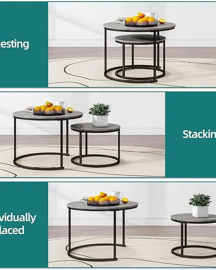 Nesting Round Coffee Table Set of 2 End Tables for Living Room,Grey Coffee Table Wooden Accent Furniture with Metal Frame,Stacking Side Tables,Black+Warm Grey - LeafyLoom
