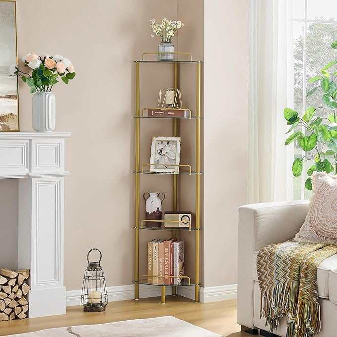 5-Tier Corner Shelf Stand, Gold Corner Bookshelf, Bathroom Organizer, Plant Stand, Tempered Glass Shelves, Modern Style for Living Room, Bedroom, Kitchen, Home Office, Metallic Gold - LeafyLoom
