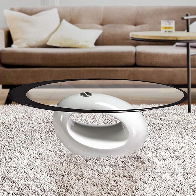 Fab Glass and Mirror CTW-FAB3000 High Gloss Coffee Oval Tempered Glass Top End Side Table, White - LeafyLoom
