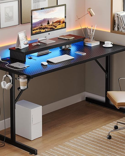 Bestier 52 inch Gaming Desk with Power Outlets and USB Charging Ports, Sturdy Computer Desk with LED Lights and Monitor Stand, Computer Table for Home Office, Easy to Assemble, Carbon Fiber Black - LeafyLoom