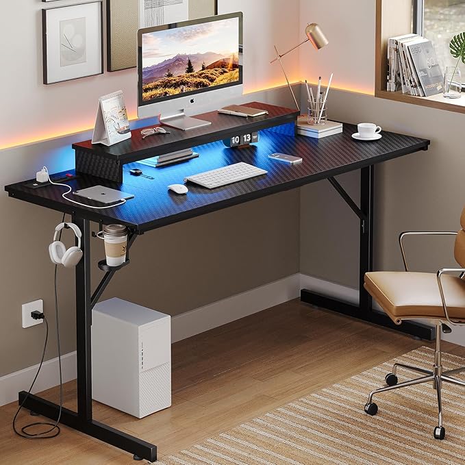 Bestier 52 inch Gaming Desk with Power Outlets and USB Charging Ports, Sturdy Computer Desk with LED Lights and Monitor Stand, Computer Table for Home Office, Easy to Assemble, Carbon Fiber Black - LeafyLoom