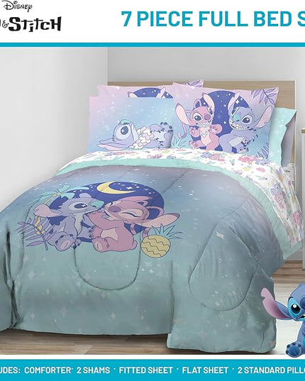 Disney Lilo and Stitch Full Size Comforter Set - 7 Piece Floral Bedding includes Sheet Set & Pillow Covers Features Angel - Super Soft Purple & Teal Stars Kids Bedding - LeafyLoom