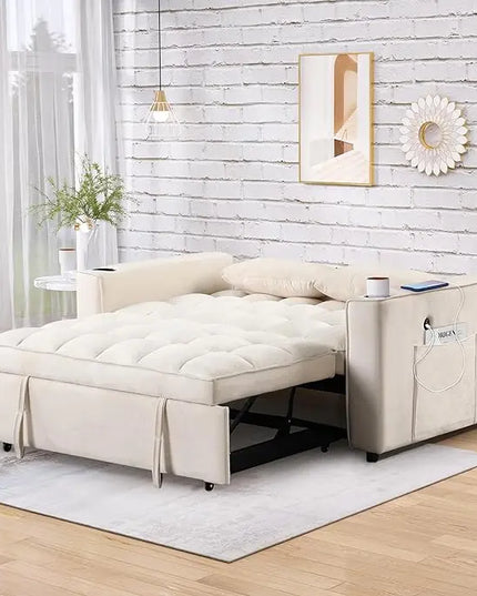 Multi-Functional Futon Loveseat Pull Out Couch , Velvet Upholstery Convertible Sleeper Sofa Bed with Cupholders and USB Ports , 2 Seater Love Seat Lounge Chaise w/ Adjustable Backrest RV Furniture - LeafyLoom