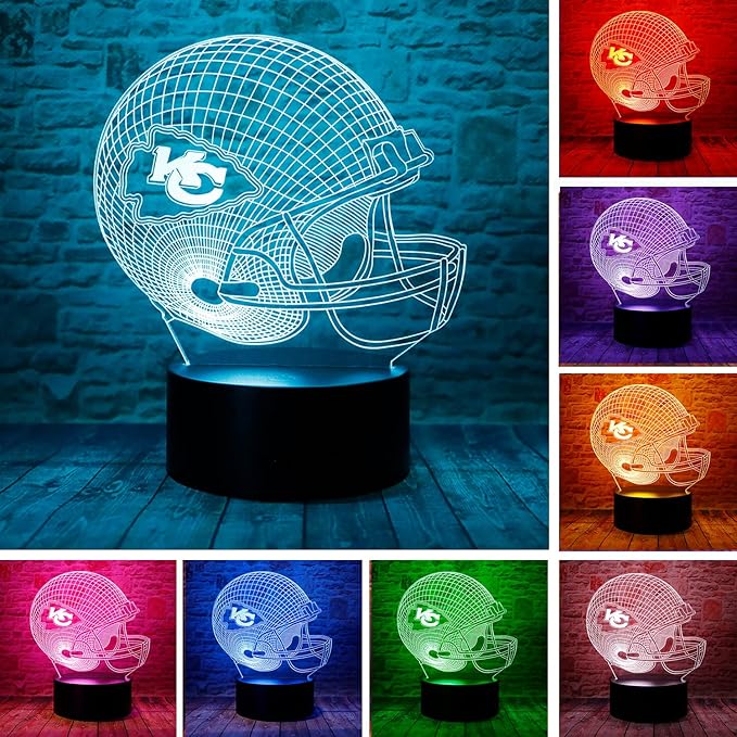 chenshiyan Cartoon Chiefs Football Helmet 3D Optical Illusion LED Bedroom Decor Sleep Table Lamp with Remote 7 Colors Night Light Birthday Xmas Gifts for Kids Boy Girl KC Men Women 2 - LeafyLoom