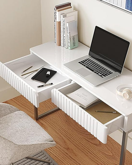 White Vanity Desk with 2 Drawers, Silver and White Desk,Home Office Desk Modern Makeup Vanity Table with Glossy Desktop,Writing Computer Standing Desk with Wood Top and Metal Legs - LeafyLoom