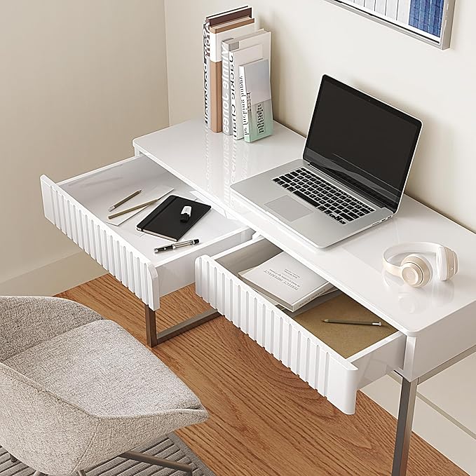 White Vanity Desk with 2 Drawers, Silver and White Desk,Home Office Desk Modern Makeup Vanity Table with Glossy Desktop,Writing Computer Standing Desk with Wood Top and Metal Legs - LeafyLoom