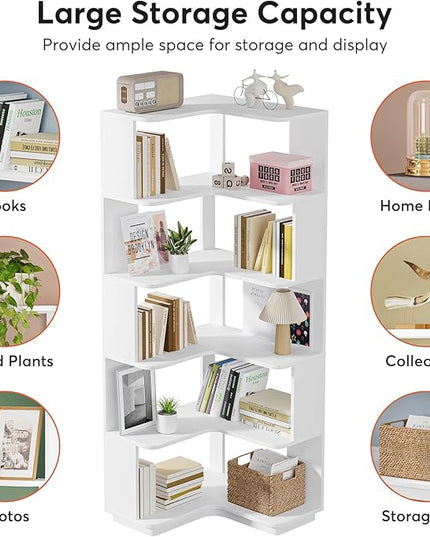 Corner Bookshelf, 64.9 Inch Tall Bookcase with Anti-Drop Panel, Modern Freestanding Corner Shelf Display Rack Storage Organizer for Home Office, Living Room, White - LeafyLoom