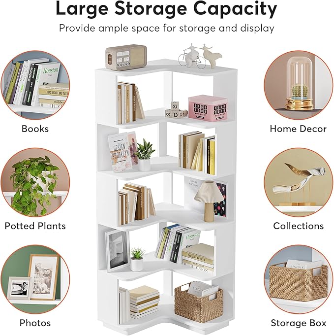 Corner Bookshelf, 64.9 Inch Tall Bookcase with Anti-Drop Panel, Modern Freestanding Corner Shelf Display Rack Storage Organizer for Home Office, Living Room, White - LeafyLoom