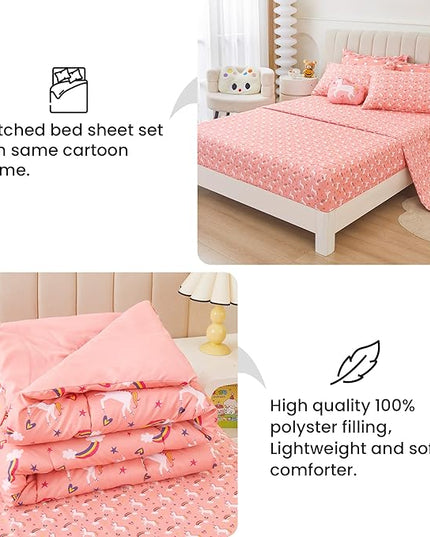 Mooreeke Twin Size Comforter Sets for Girls Kids, 6 Pieces Bed in a Bag Pink Unicorn Rainbow Bedding Comforter Sheet Set with Shams and Decorative Toy Pillow, Ultral Soft Microfiber Kids Bed Set - LeafyLoom