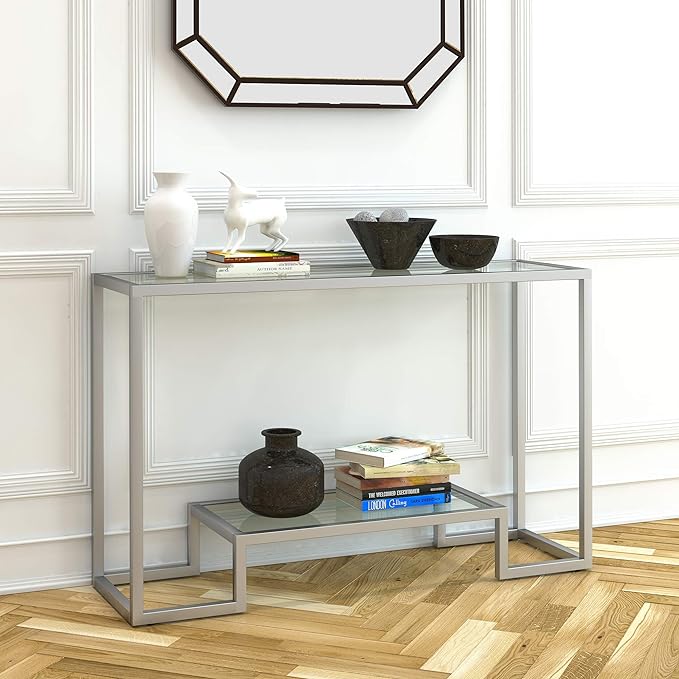 Henn&Hart 47.75" Wide Rectangular Console Table in Satin Nickel, Entryway Table, Accent Table for Living Room, Hallway - LeafyLoom