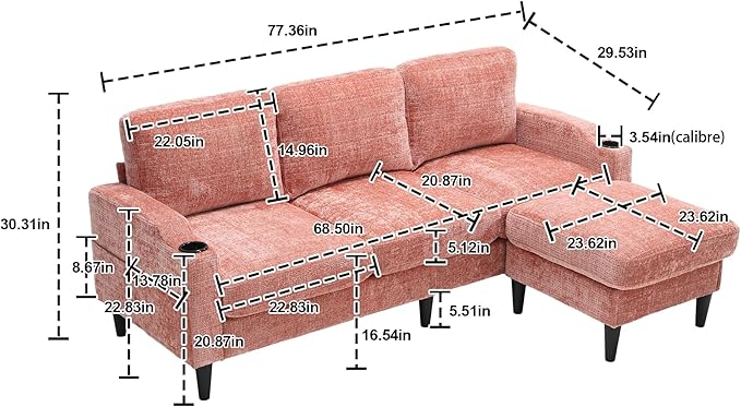Convertible Sectional Sofa with Movable Storage Ottoman and Cupholders, 3 Seater L-Shaped Corner Couch,Chenille Upholstered Furniture w/Detachable Thicked Cushions for Living Room, Small Space - LeafyLoom