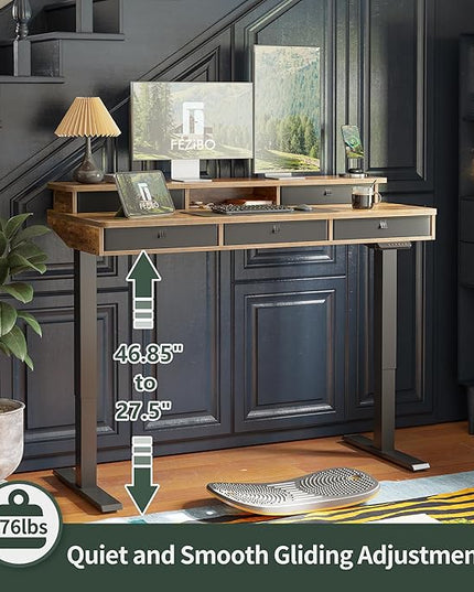 FEZIBO Height Adjustable Electric Standing Desk with 5 Drawers, 55 x 24 Inch Table with Storage Shelf, Sit Stand Desk Black Frame/Rustic Brown Top, 55 inch - LeafyLoom