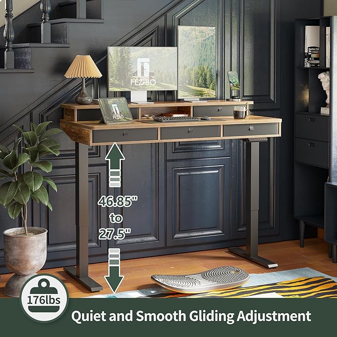 FEZIBO Height Adjustable Electric Standing Desk with 5 Drawers, 55 x 24 Inch Table with Storage Shelf, Sit Stand Desk Black Frame/Rustic Brown Top, 55 inch - LeafyLoom