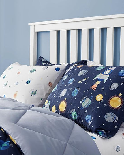 Kids Bedding Set for Boys, Twin Size 5 Pieces Space Themed Bed in a Bag, Super Soft Lightweight Microfiber Comforter Set with Sheets, Hotel Quality Durable Children Bed Set - LeafyLoom