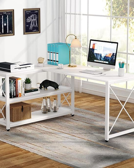 Tribesigns Reversible Industrial L-Shaped Desk with Storage Shelves, Corner Computer Desk PC Laptop Study Table Workstation for Home Office Small Space (White, 59") - LeafyLoom