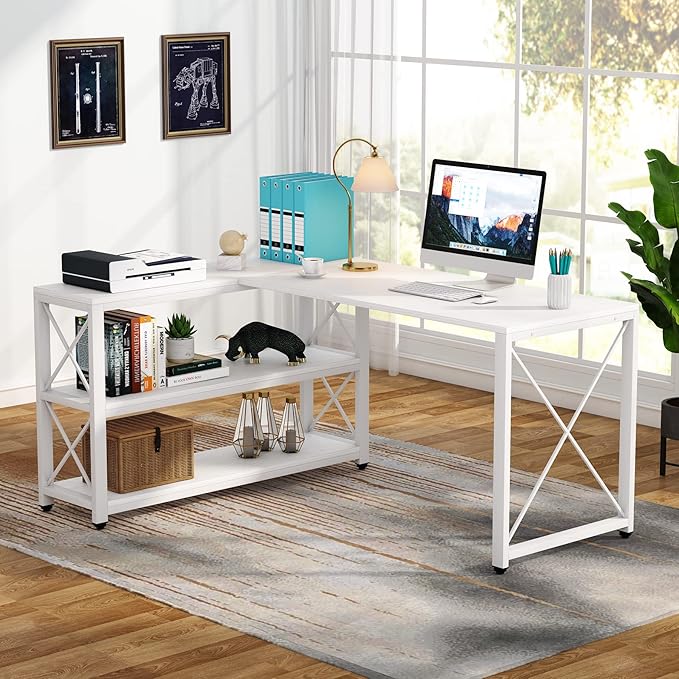 Tribesigns Reversible Industrial L-Shaped Desk with Storage Shelves, Corner Computer Desk PC Laptop Study Table Workstation for Home Office Small Space (White, 59") - LeafyLoom