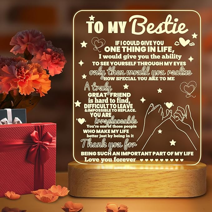 Linkax Bestie Gifts, Birthday Gifts for Women Teen Girls, 3D Illusion Lamp I Love You Friend Night Light for Best Friend Sister Girl Women BFF Holiday Friendship, Soft Warm White LED Wooden Table Lamp - LeafyLoom