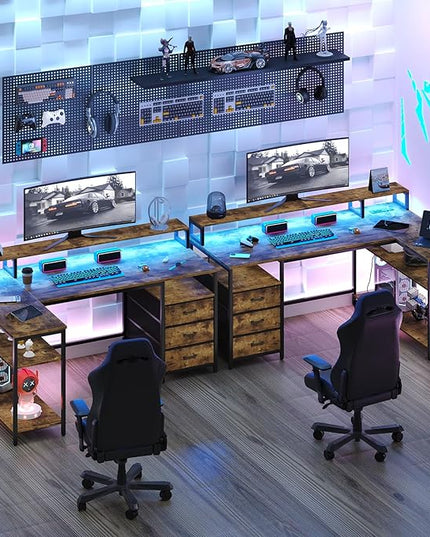 L Shaped Desk with 3 Drawer & 3 Open Shelf, Computer Desk with LED Lights & Power Outlets, Home Office Desk with Reversible Storage Shelves & Monitor Stand, Corner Desk for Small Space - LeafyLoom