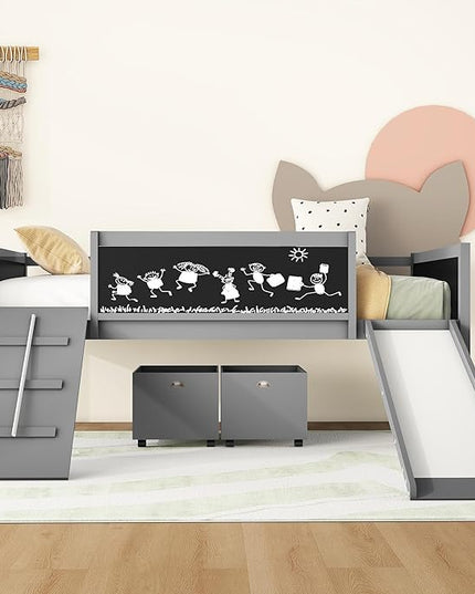 Twin Size Low Loft Bed with Slide and 2 Storage Boxes,Kids Low Loft Bed Frame with Climbing and Chalkboard,Solid Loft Bed Twin for Boys,Girls,Gray - LeafyLoom