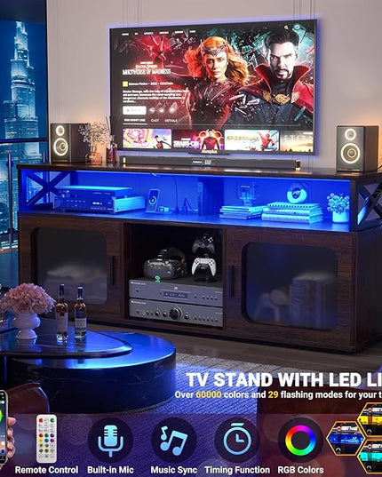 Aheaplus TV Stand for 55 60 Inch TV, Entertainment Center with LED Light and Charging Station, TV Console Table, Large Media Console Cabinet w/Soundbar Shelf, for Living Room, Bedroom, Espresso - LeafyLoom