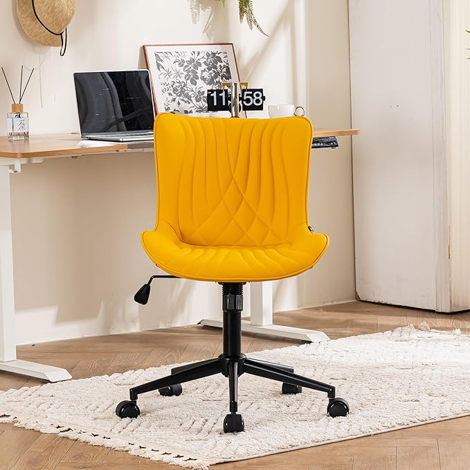 YOUTASTE Office Chair Modern Armless Desk Chair, Height Adjustable Swivel Rocking Computer Task Chair, Faux Leather Sewing Chairs with Wheels, Stylish Lounge Vanity Chair,Yellow - LeafyLoom