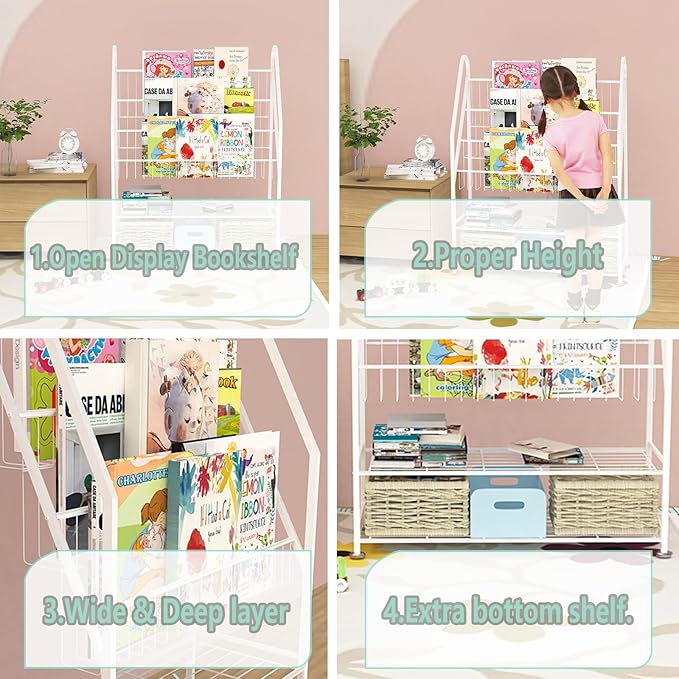 Kids Bookshelf Freestanding for Children Room 32 Inches White Metal Bookcase Large Capacity Books Toys Organizer Stable 5 Tiers Kids Book Rack for Playroom Bookstore Library. - LeafyLoom